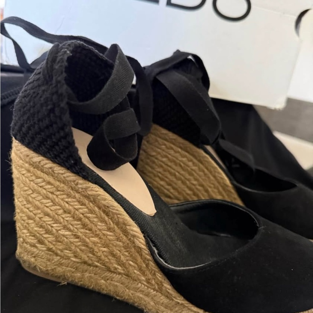 Aldo Black and Tan Espadrille Wedges